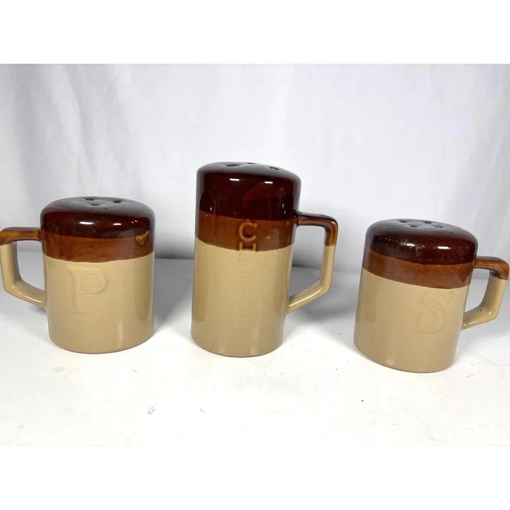 Vintage Ceramic Salt Pepper Cheese Shaker Set Brown Tan Drip Glaze Japan